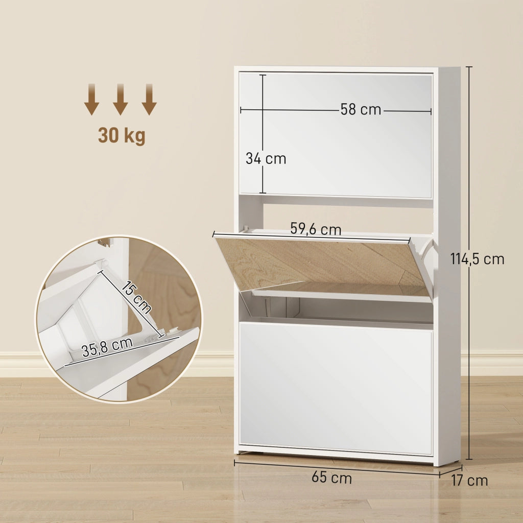 Scarpiera con Specchio e 3 Ante ¨C zephmum ¨C Bianco 65x17x114,5 cm