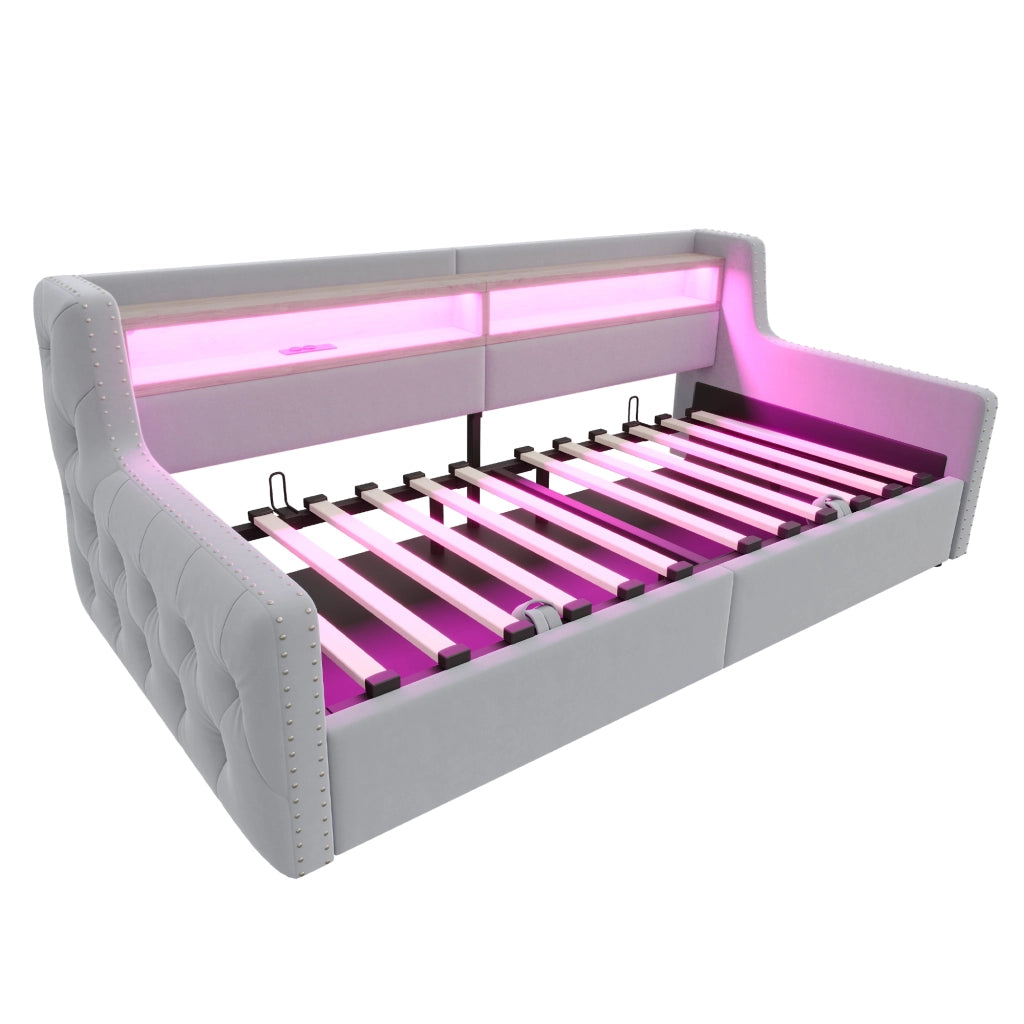 Divano letto imbottito 90 x 200 cm con contenitore idraulico, LED, presa USB e tipo C, velluto, Grigio chiaro