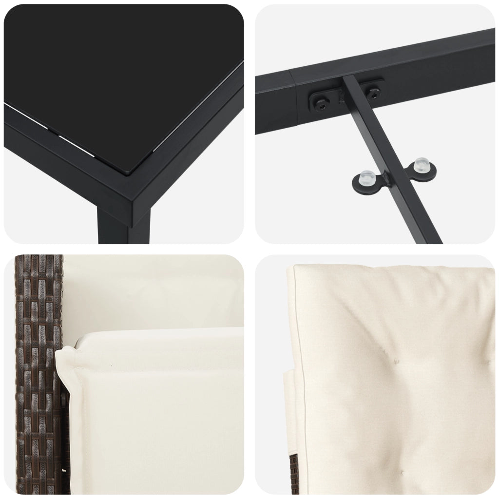 Set da Pranzo per Giardino 7 Pezzi con Cuscini in Rattan Marrone