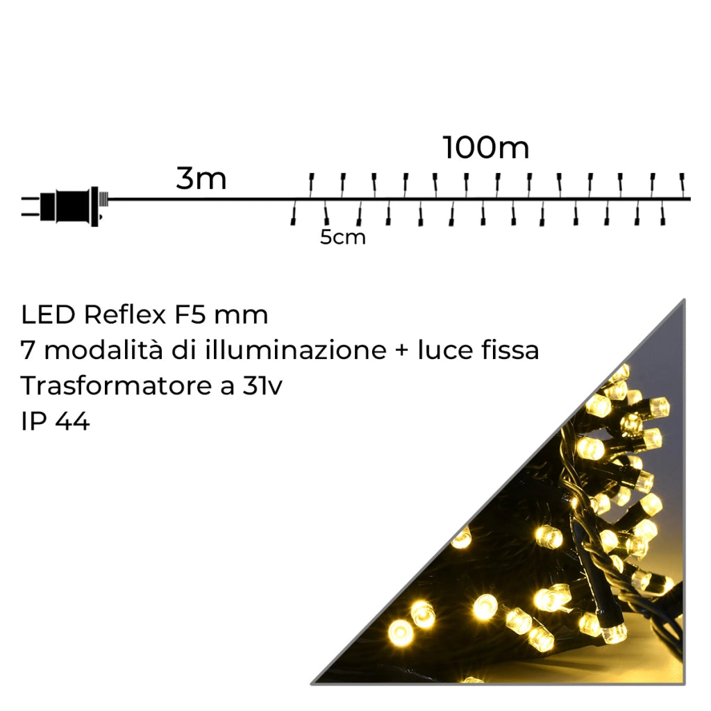 CATENA DI LUCI LED GIALLI LUCE CALDA DA 2000 LED SU 100M DI CAVO VERDE TRASFORMATORE 31V - PER INTERNI ED ESTERNI