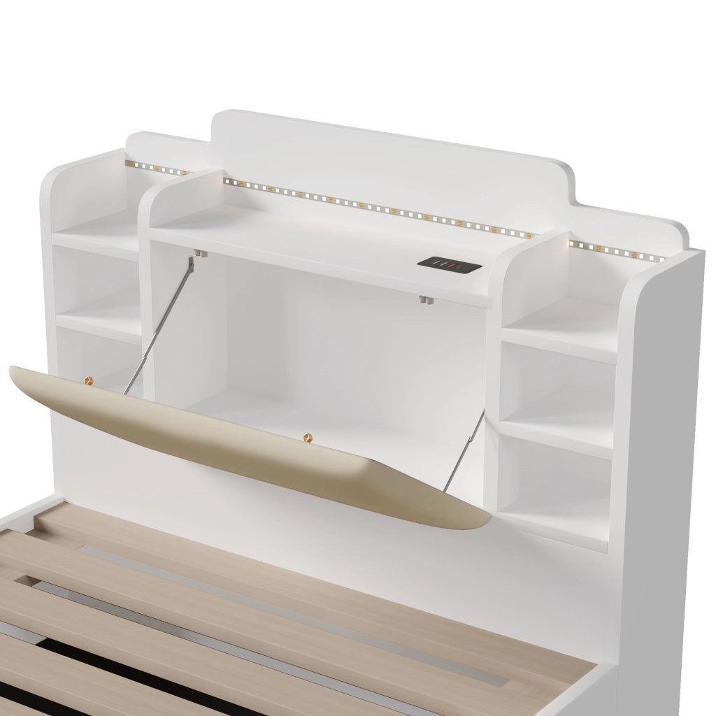 Letto contenitore ULEVR 90x200 cm con LED, USB e USB-C, testiera con vani aperti, bianco