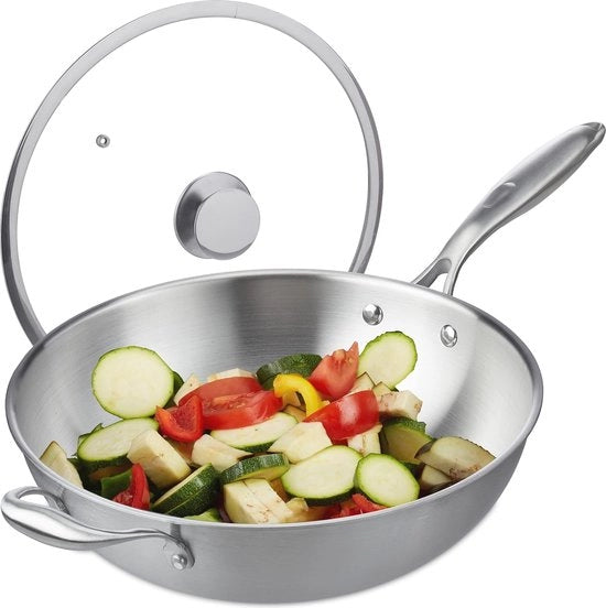 Wokpan in Acciaio Inox con Coperchio e Maniglia - Adatto per Elettrico, Gas e Induzione, Ø 32 cm