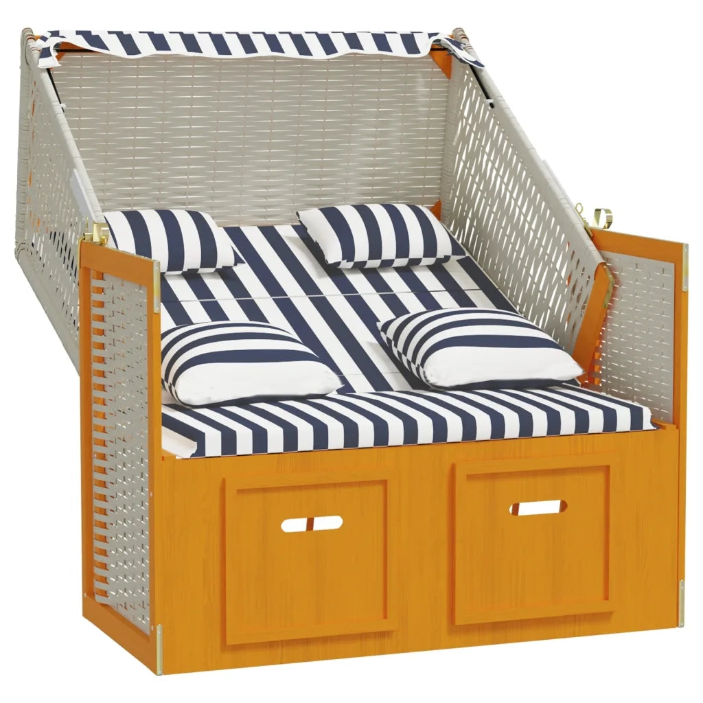 Strandkorb con Cuscini Polyrattan e Legno Massello Bianco e Blu