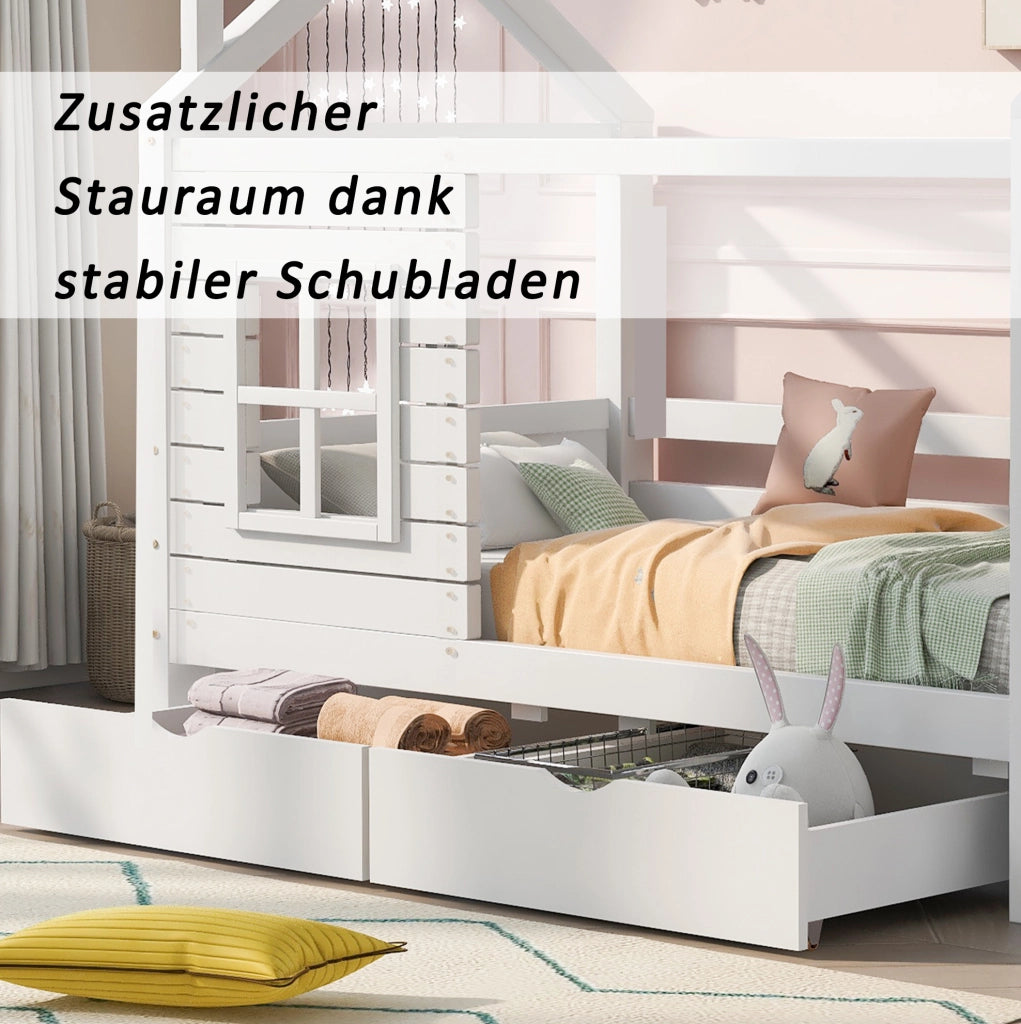 Letto a casetta per bambini 90x200 cm bianco con cassetti