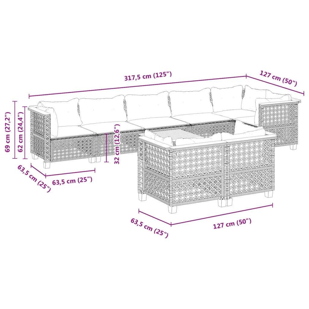 Set Divano da Giardino 9 pz con Cuscini Grigio in Polyrattan