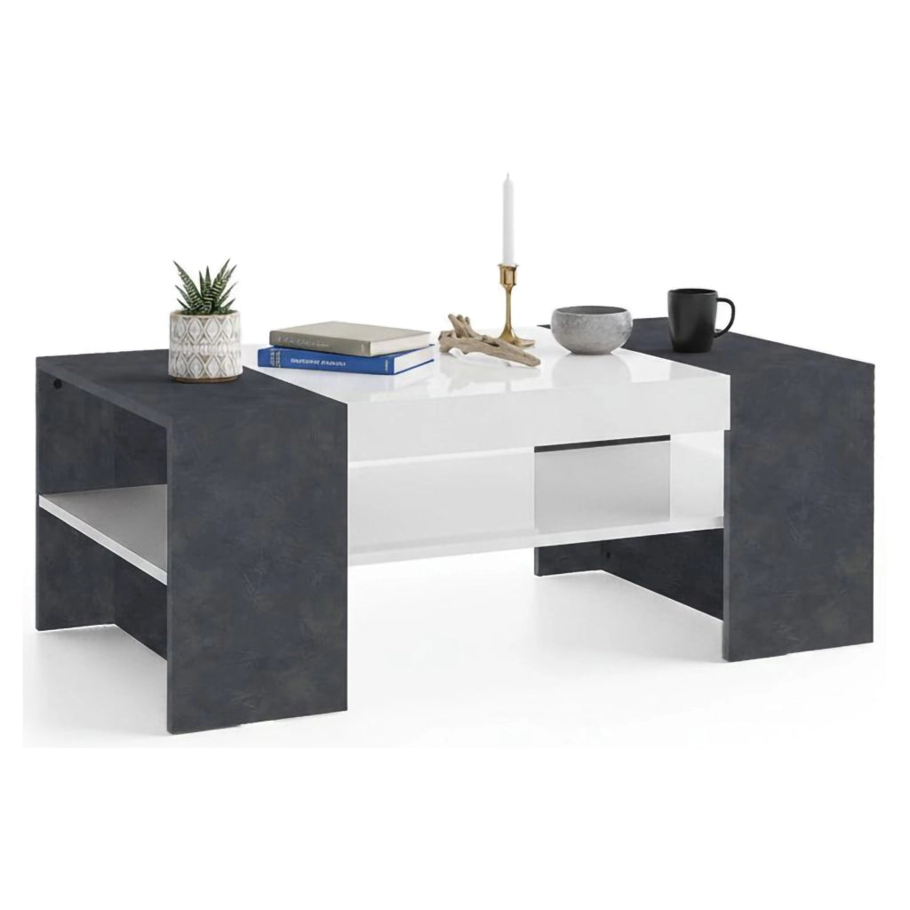 Tavolino da Ashar, Made in Italy, Tavolo da salotto, cm 110x60h40, Bianco lucido e Grigio Cenere