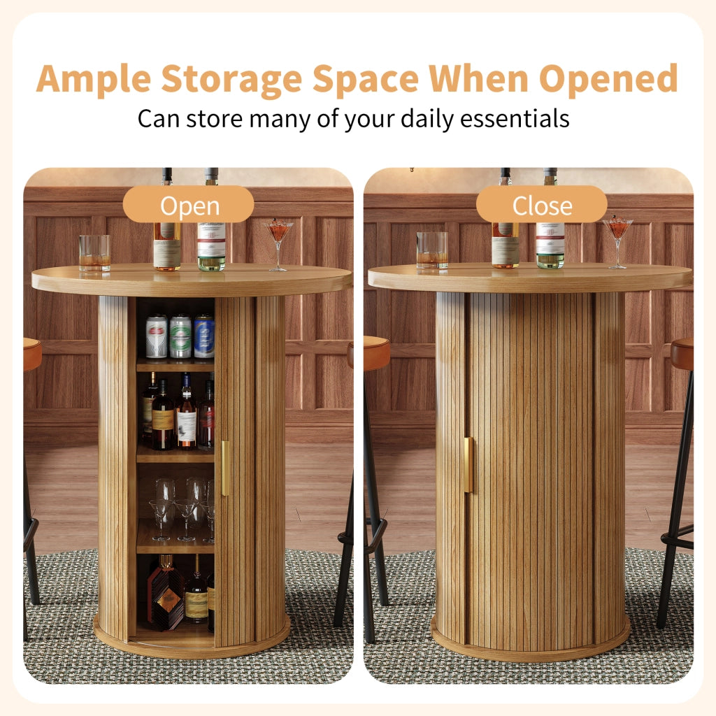 Set tavolo da bar rotondo con vano portaoggetti e 2 sgabelli ergonomici in MDF e metallo colore legno