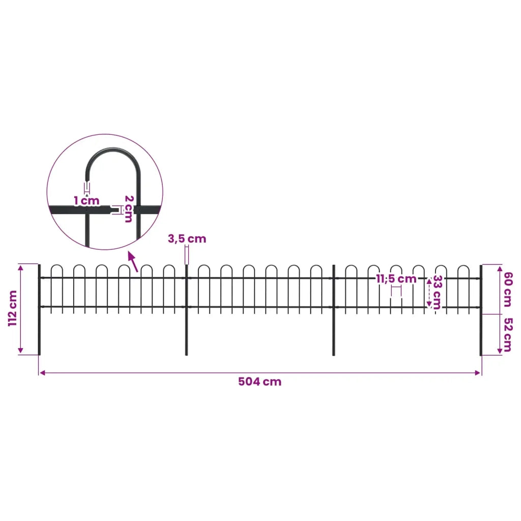 Recinzione da Giardino con Parte Superiore ad Anello in Acciaio 504x60 cm Nero 277640