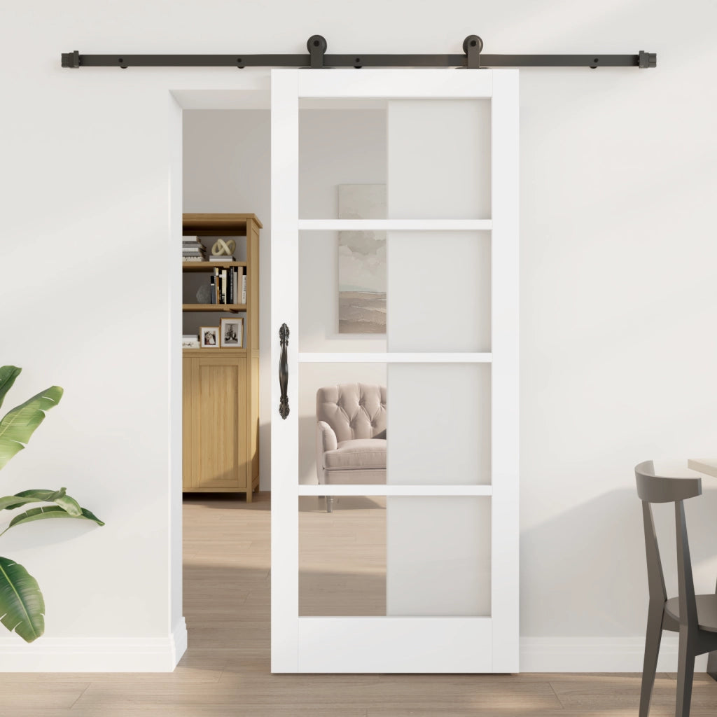 Porta Scorrevole  con Set di Hardware 'ORKDAL'Legno Massello Bianco e Vetro
