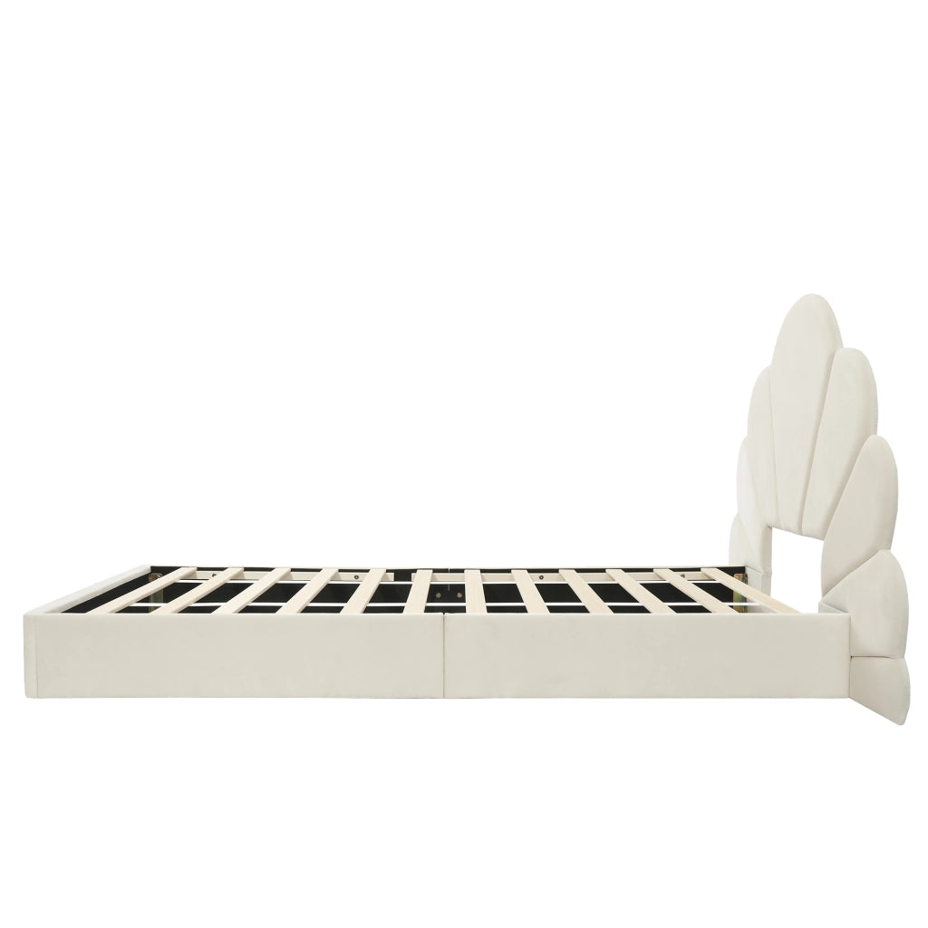Letto Singolo 90 x 200 cm - Testiera a Petali e Tavolini Laterali - in Velluto - Beige