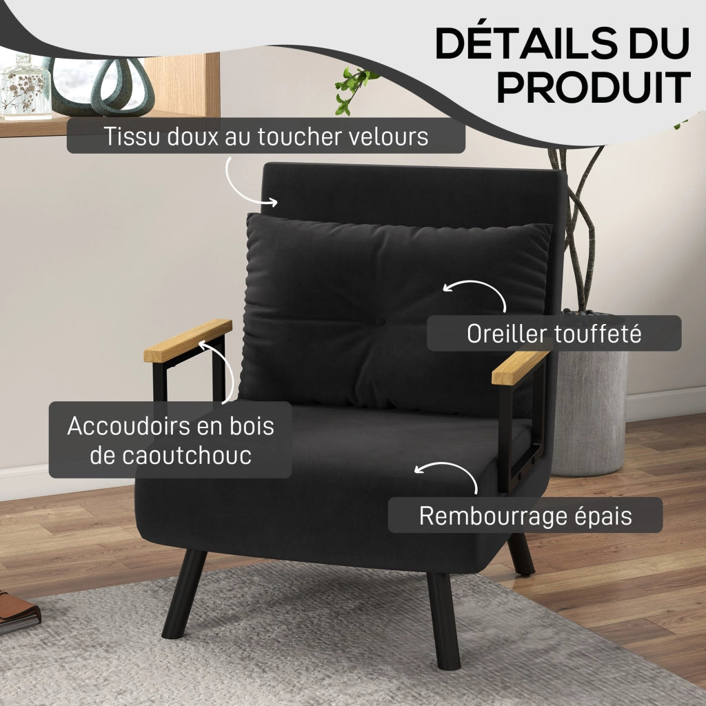 Poltrona letto convertibile 4 in 1 ¨C Xylo ¨C Tessuto effetto velluto nero con braccioli in legno