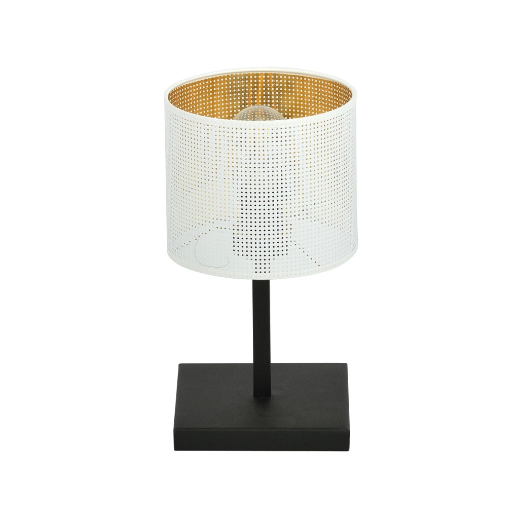 Lampada Da Tavolo 1 Luce Cigno In Acciaio Bianco E Paralume A Cilindro Oro