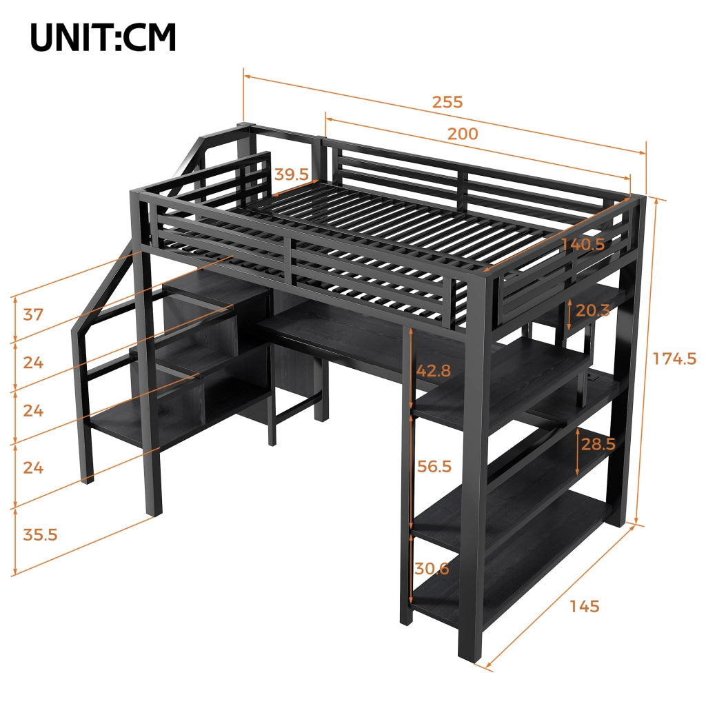 Letto a soppalco 140 × 200 cm con scrivania, armadio aperto, scale contenitore e LED regolabile, senza materasso, in metallo e MDF, nero