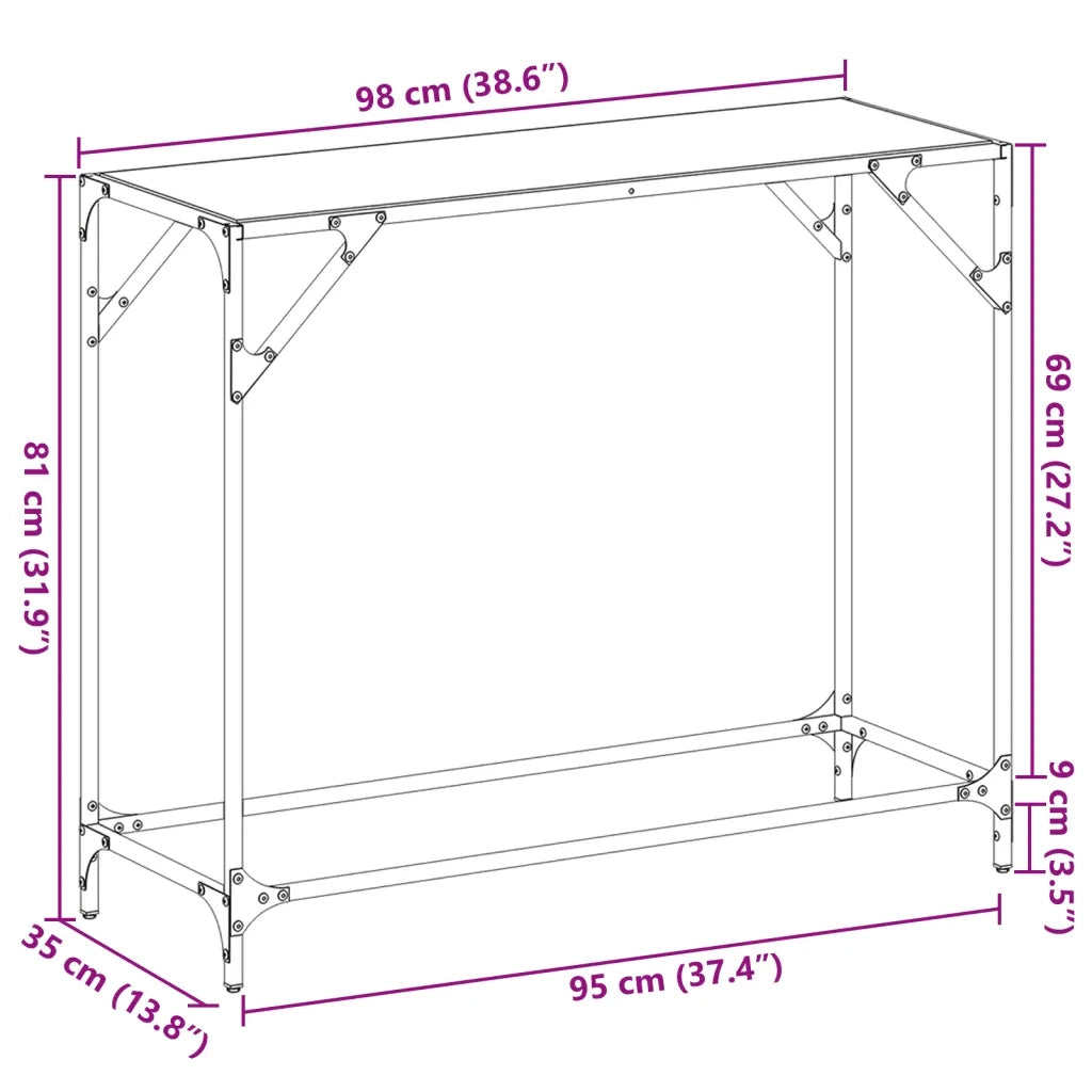 vidaXL Tavolino Consolle Piano Vetro Trasparente 98x35x81cm in Acciaio