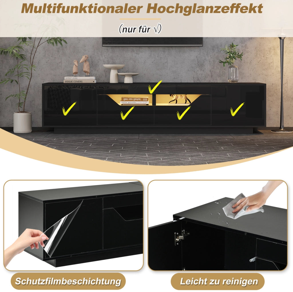 Mobile TV nero con LED, 2 cassetti e ante, 180x40x45 cm