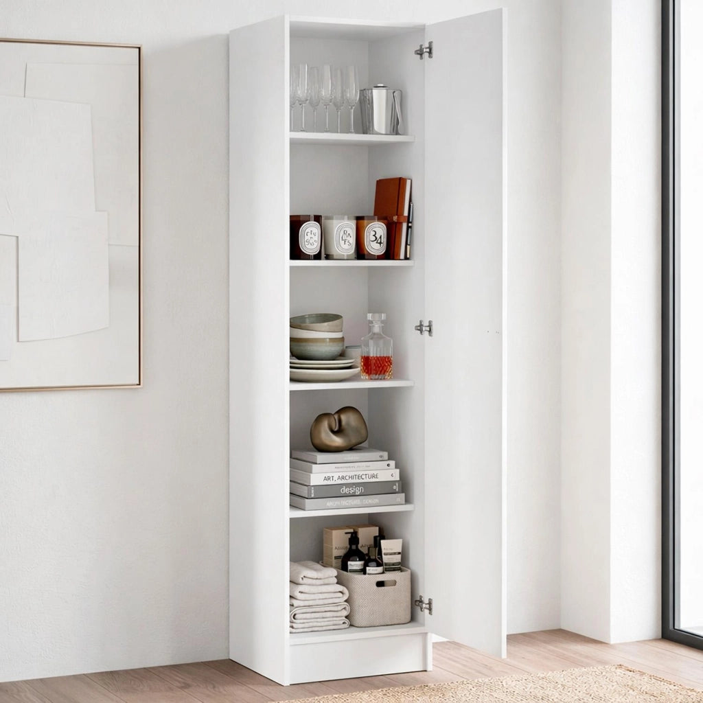 Mobile Colonna Armadio Bagno Con 1 Anta Salvaspazio E 4 Ripiani Regolabili Stile Moderno Semplice Per Ingresso Corridoio Ripostiglio Con Maniglia In Metallo Argentata 200 X 47.1 X 49.2 Cm Bianco