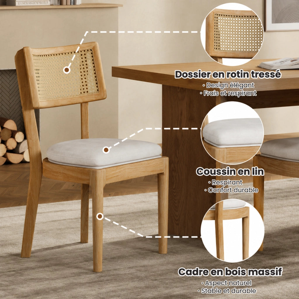 Set di 4 sedie da pranzo 50x58x88 cm con schienale in rattan e cuscini in lino; legno naturale