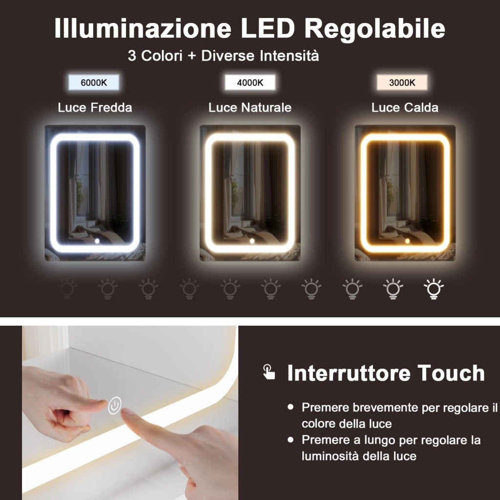 Toeletta da Trucco con 7 Cassetti, Postazione Trucco con Specchio a LED, Luminosità Regolabile,Tavolo da Toeletta con 4 Ripiani Aperti,per la Camera da Letto, Bianco