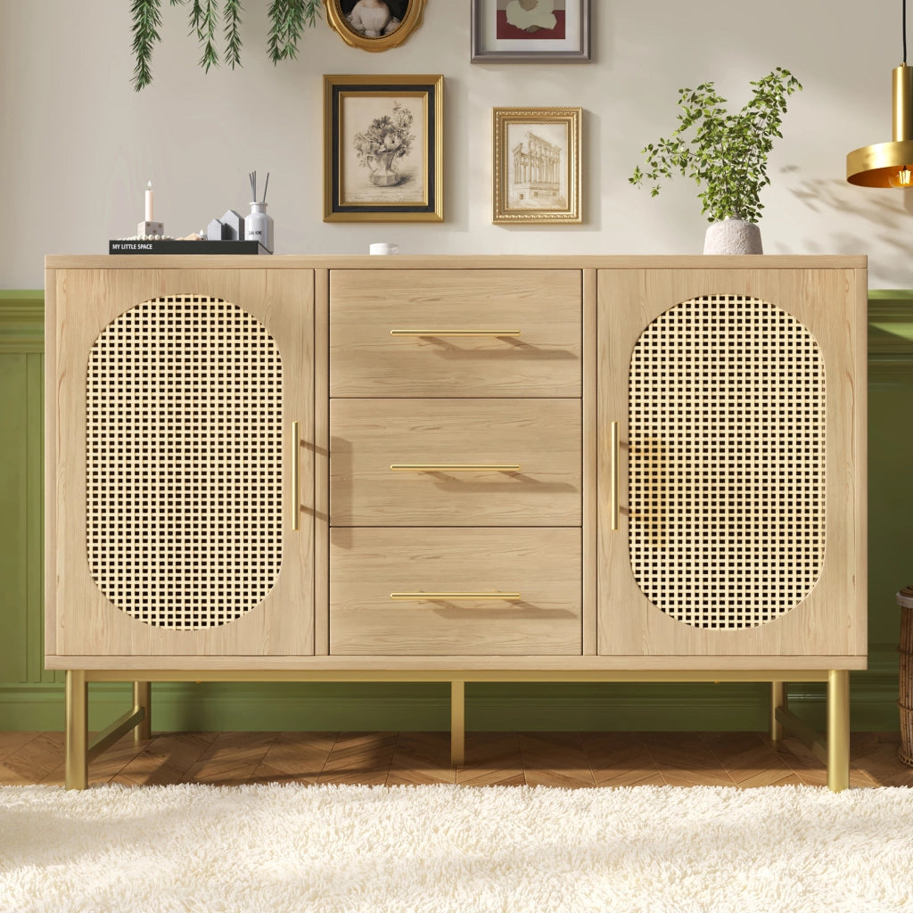 Credenza con 2 Ante in Effetto Rattan e 3 Cassetti; Ripiano Regolabile; 120??40??74 cm; Rovere Sonoma