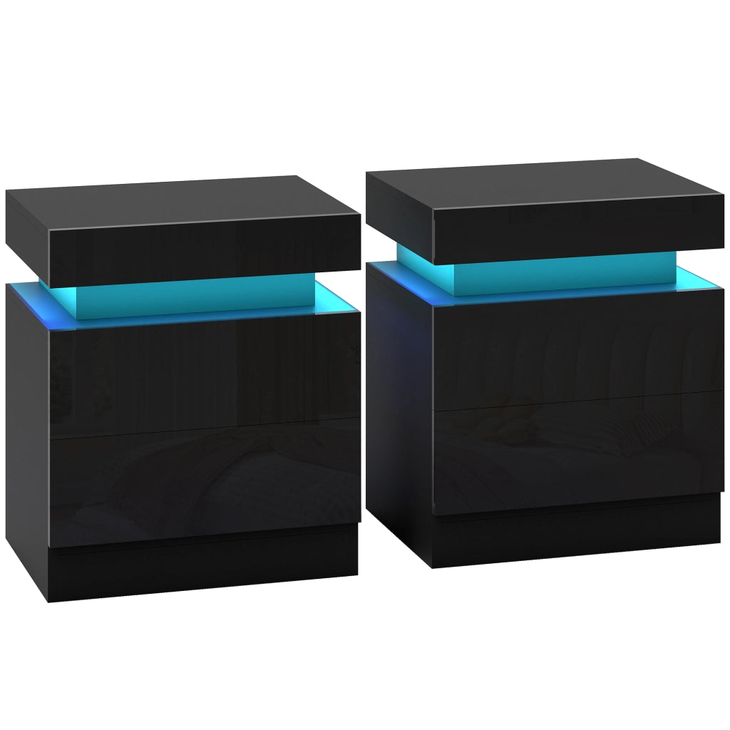 Set 2 Comodini 45x35x52 cm LED a 16 Colori e 4 Modalità con 2 Cassetti in Legno Nero