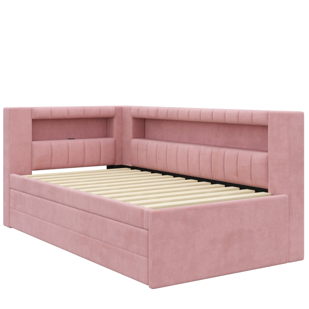 LETTO Imbottito 90x200 cm Rosa con LED, USB, Letto Estraibile e 3 Cassetti
