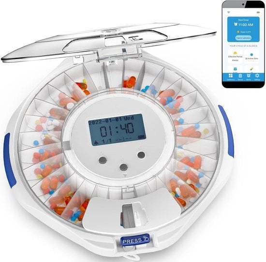 Dispensatore di Pillola Intelligente con Allarme e App Wi-Fi per Anziani - Dispensatore Automatico di Medicinali per 28 Giorni