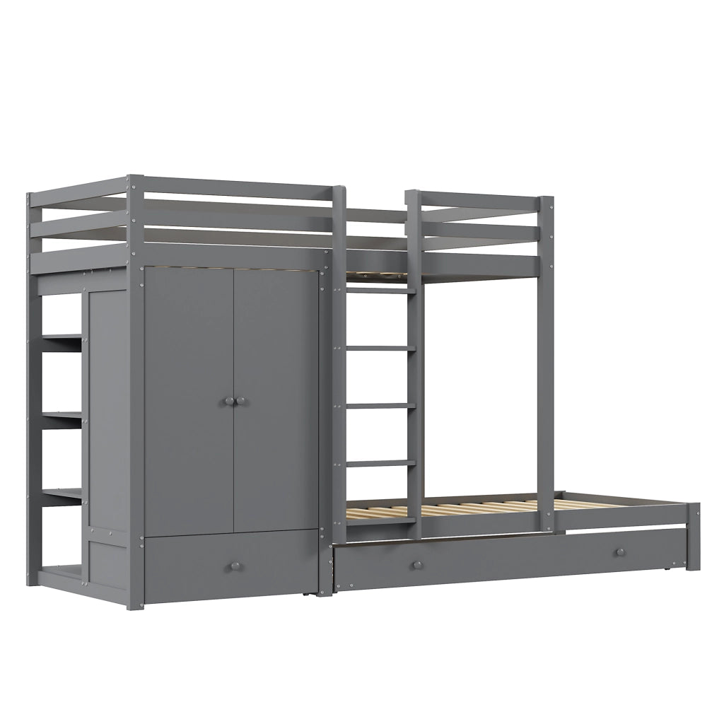 Letto a Castello 90x200 cm; con Letto Estraibile; Guardaroba; Cassetti e Ripiano; Grigio