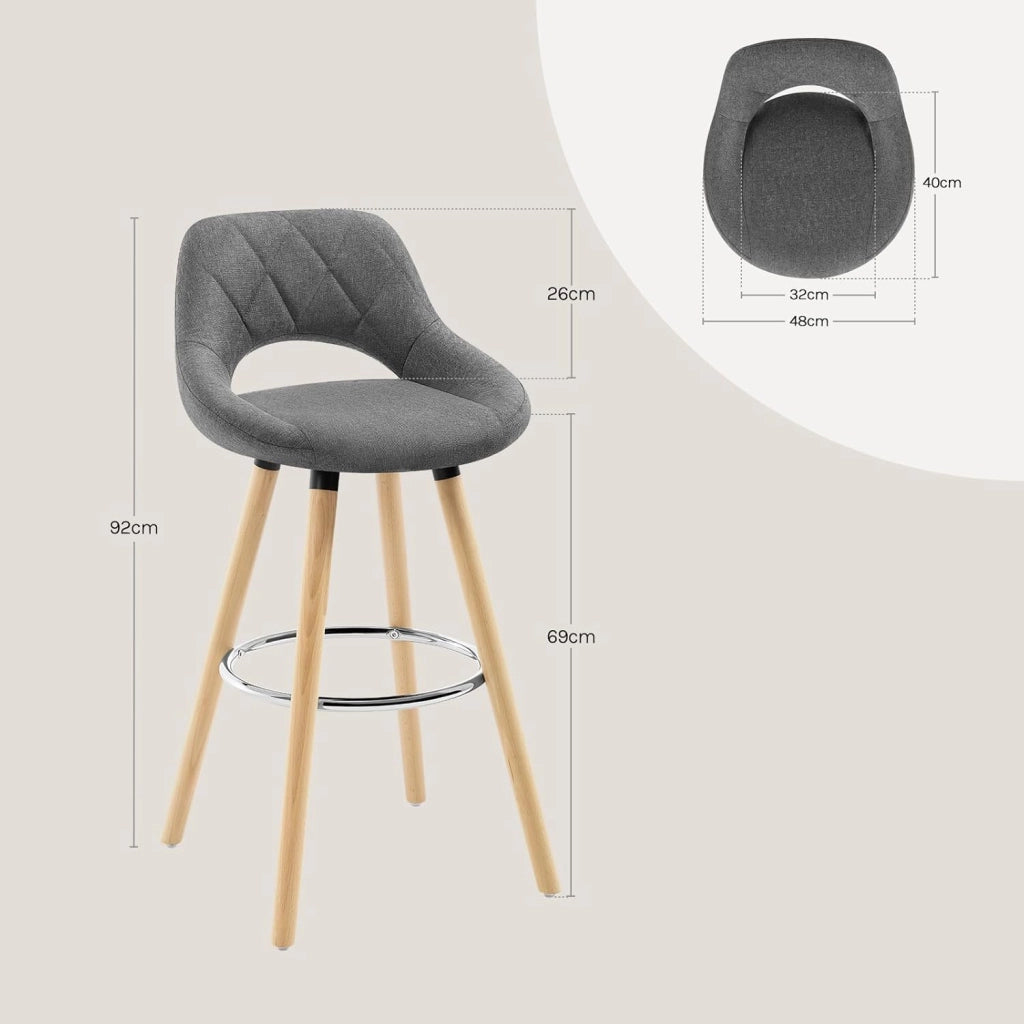 Sgabelli da Cucina Set di 4, Sgabello da Bar per Colazione, Sgabelli Alti con Poggiapiedi e Schienale, Sedile in Lino+Gambe in Legno, Grigio Scuro, BH111dgr-4