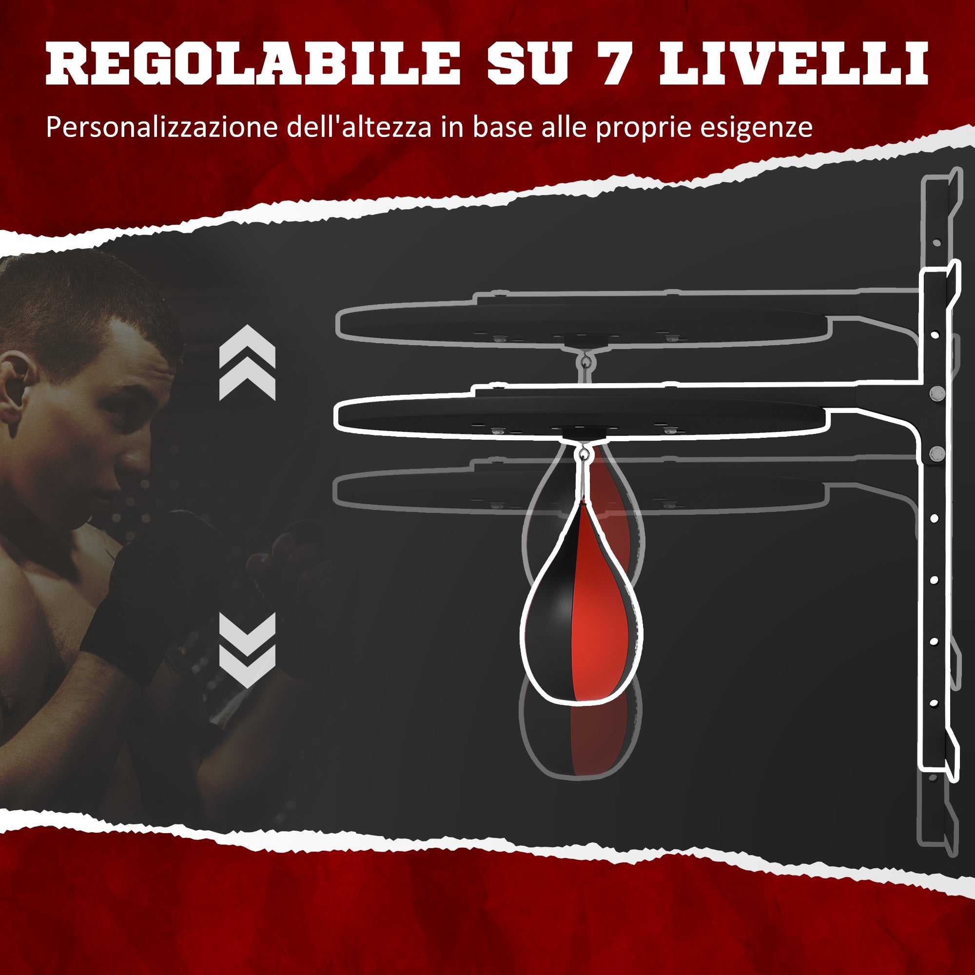 Punching Ball a Muro con Speed Bag Girevole a 360° e Regolabile su 7 Altezze Nero e Rosso