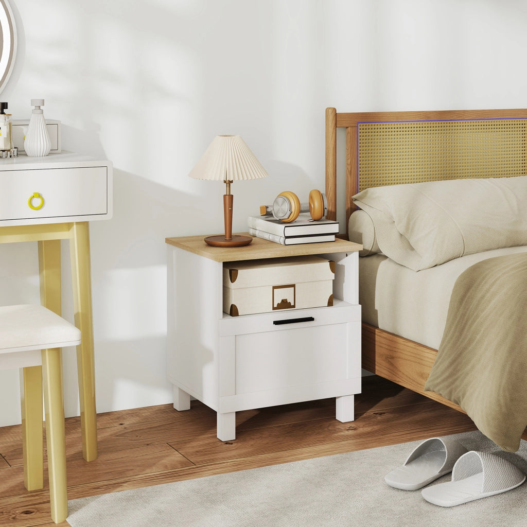 Comodino Moderno 45x38x50 cm con Cassetto e Ripiano in Legno Bianco e color Legno