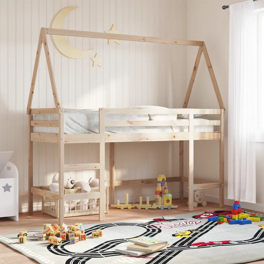 Letto singolo | Letto per adulti | Letto Soppalco con Scala e Tetto 80x200 cm Legno Massello Pino