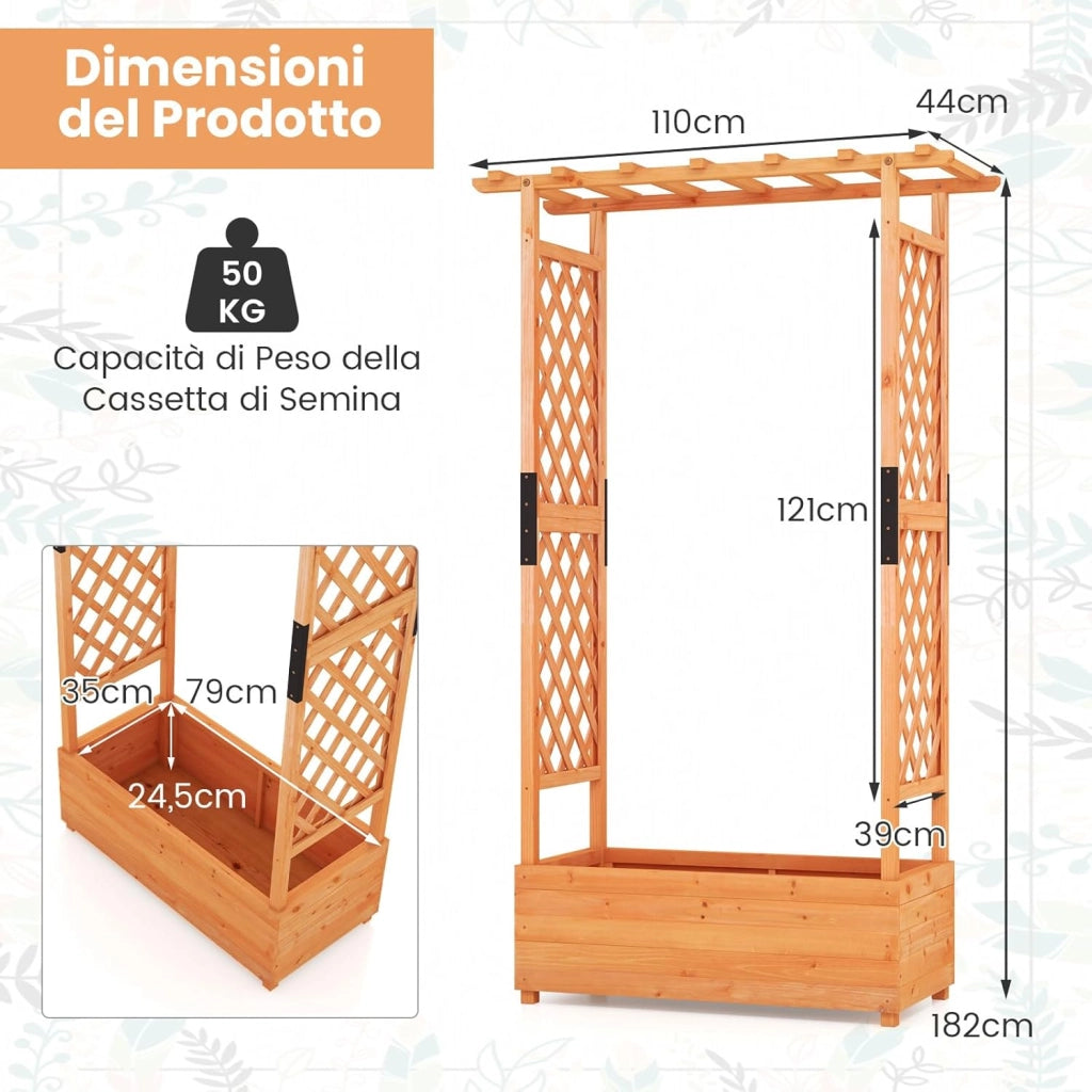 Aiuola Rialzata con Traliccio, Pergolato e Fori di Drenaggio, Fioriera Elevata da Esterno in Legno per Piante Rampicanti, Vite e Fiore,110 x 44 x 182 cm (Arancione)