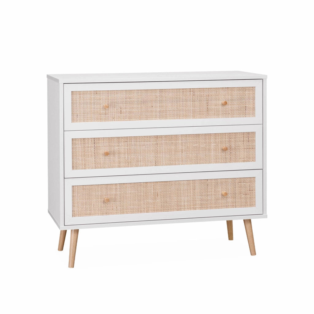 Cassettiera effetto legno e canna 3 cassetti, bianco sporco