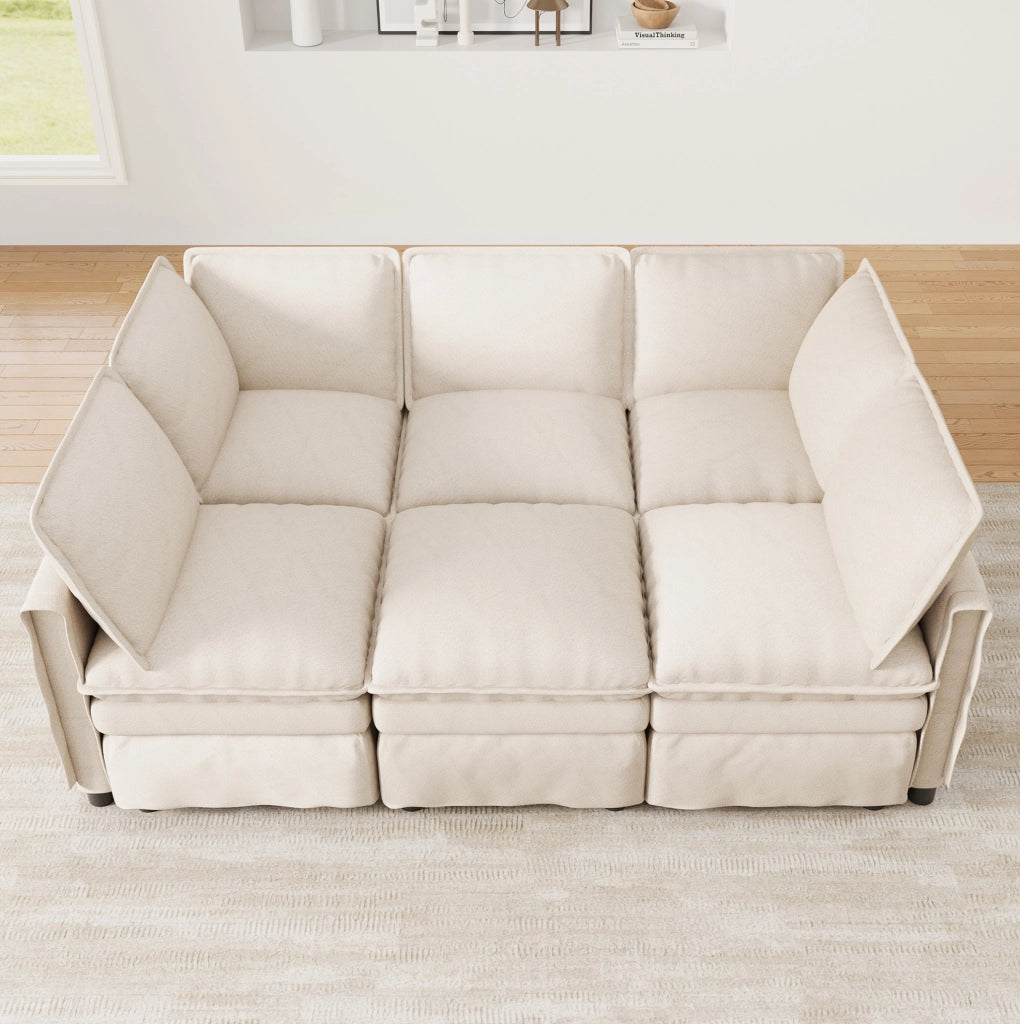 Divano modulare 6 posti in ciniglia beige con pouf
