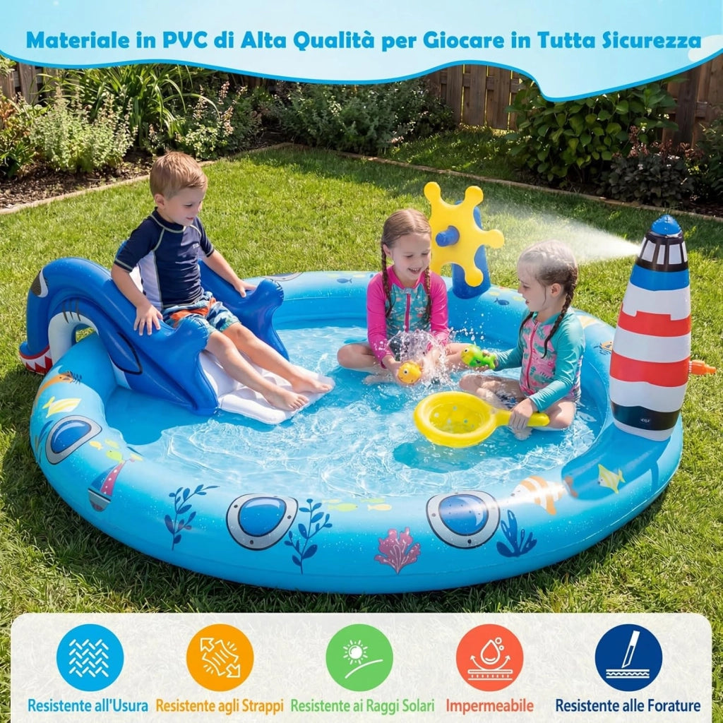 Piscina Gonfiabile per Bambini, Piscinetta Fuori Terra a Tema Marino con Spruzzo, Scivolo e 2 Pesciolini Giocattolo, Parco Gioco Acquatico Esterno per Giardino e Cortile, per Bambini 2-6 Anni
