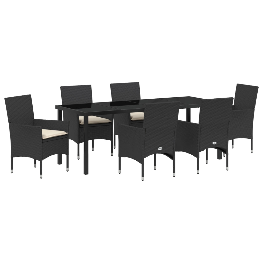 Set da Pranzo da Giardino 7 Pezzi con Cuscini Rattan Poliestere Nero