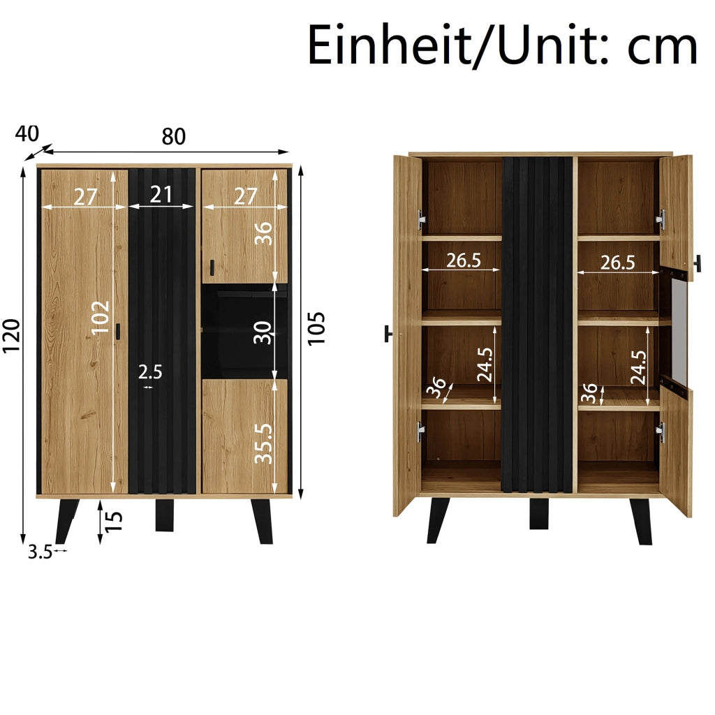 OKWISH Vetrina Credenza con 2 Ante, 3 Ripiani e Illuminazione LED, per Soggiorno o Sala da Pranzo, 80 x 40 x 120 cm