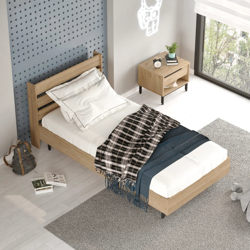Struttura Letto Singolo Vesanto 100 x 200 cm con Testiera Alta - Effetto Rovere [en.casa]