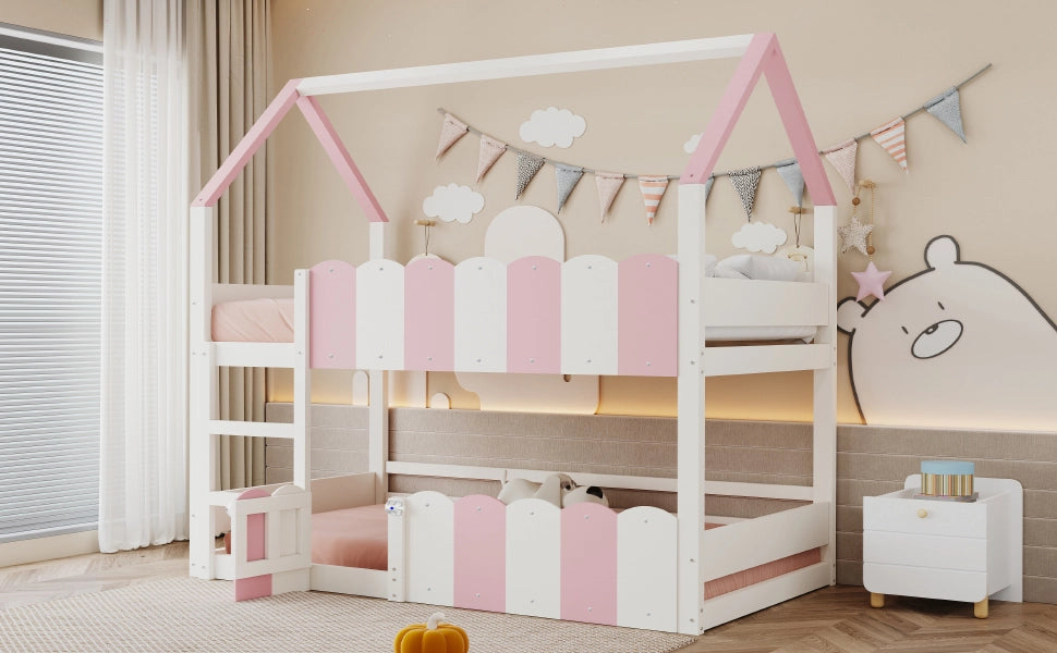 DESMIU Letto a castello per bambini 90 × 200 cm con porta, sponde di sicurezza, senza materasso, in legno, rosa