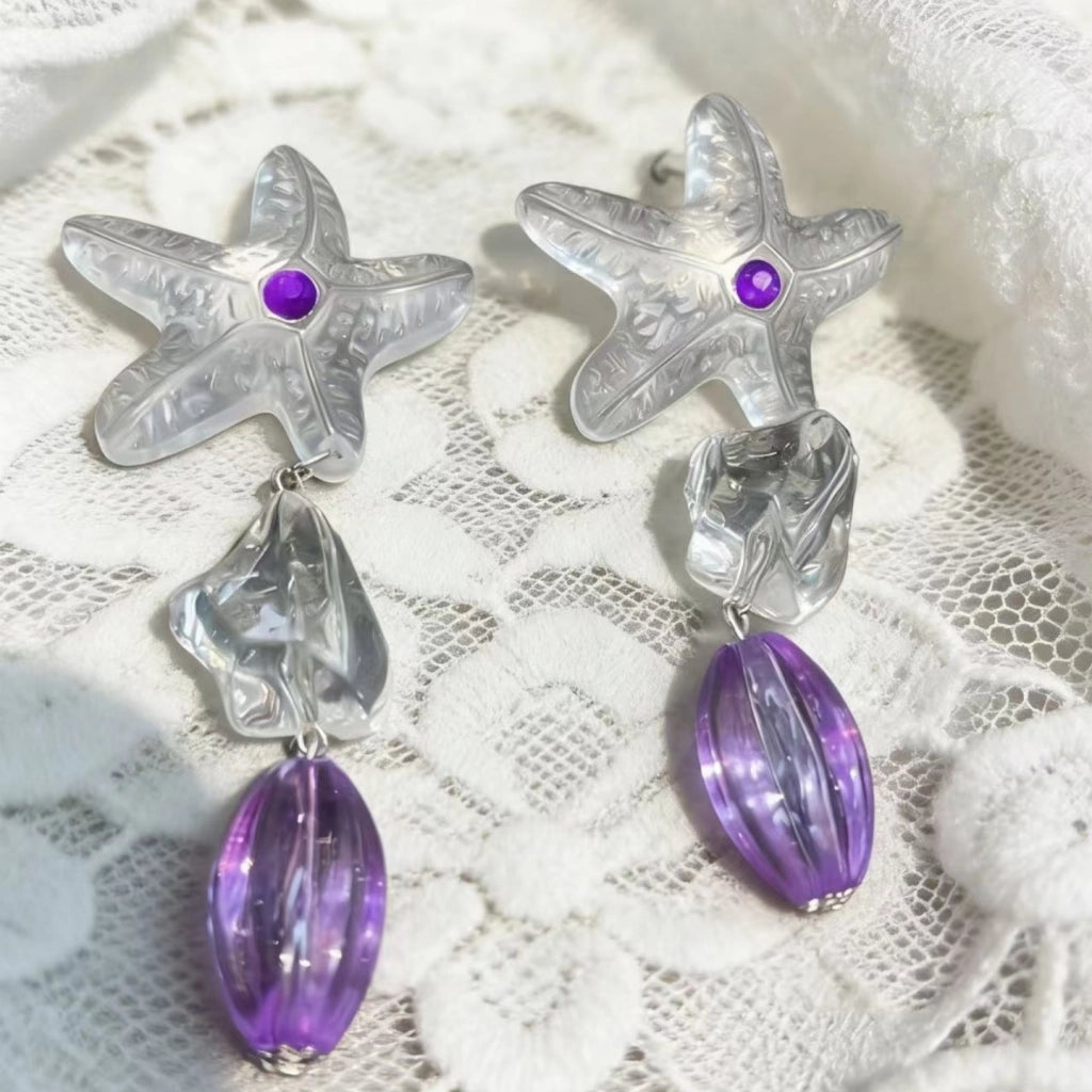 Orecchini a stella trasparenti in stile vacanza estiva per donna, design di nicchia, orecchini/perni viola di alta gamma e versatili