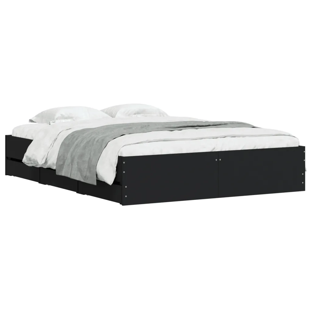 Letto matrimoniale | Letto per adulti | Giroletto con Cassetti Nero 150x200 cm in Legno Multistrato