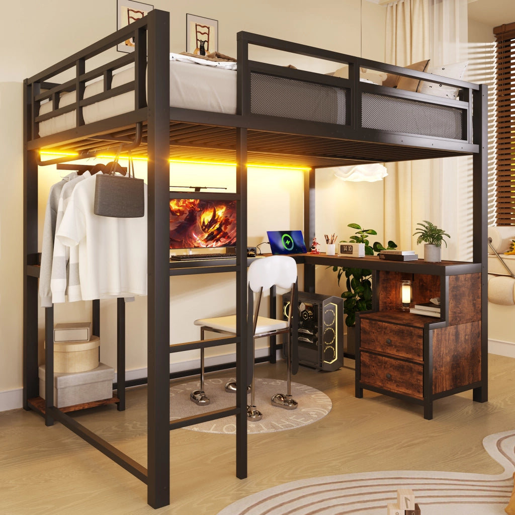 LETTO a soppalco 140x200 cm in metallo nero con scrivania, ripiani e barra appendiabiti