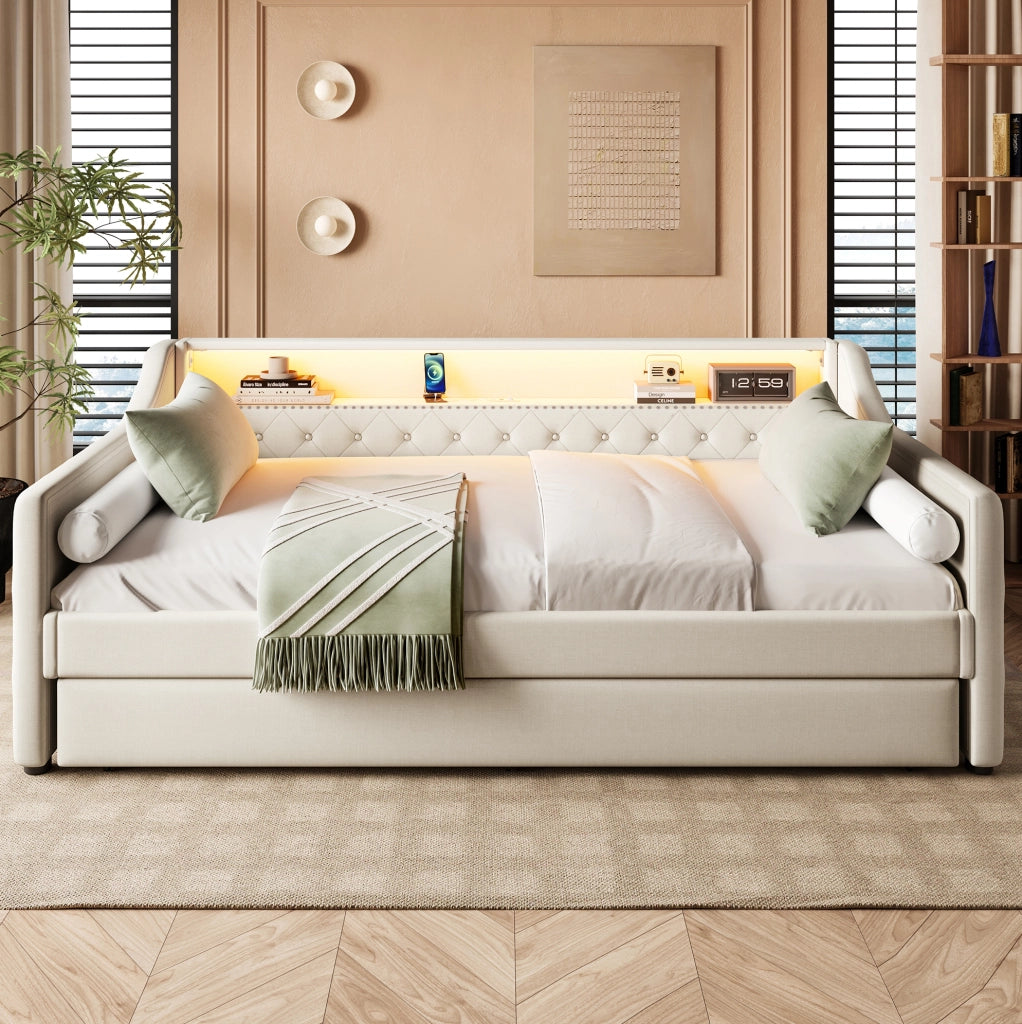 Letto daybed 90x200 cm con letto estraibile, LED, USB e rete a doghe