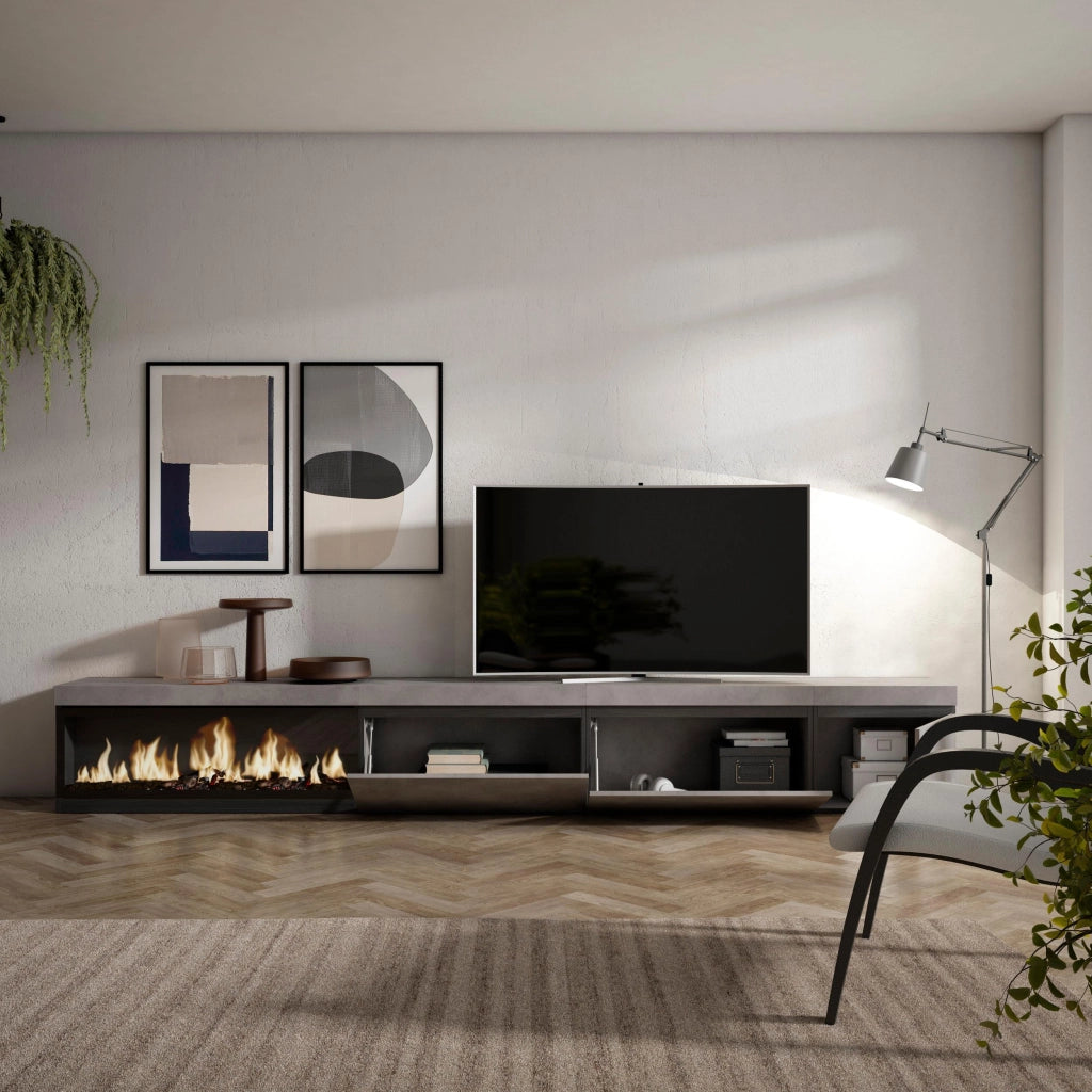 Mobile TV Soggiorno, 317x35x45cm, Camino elettrico XXL, grigio cemento RF3666