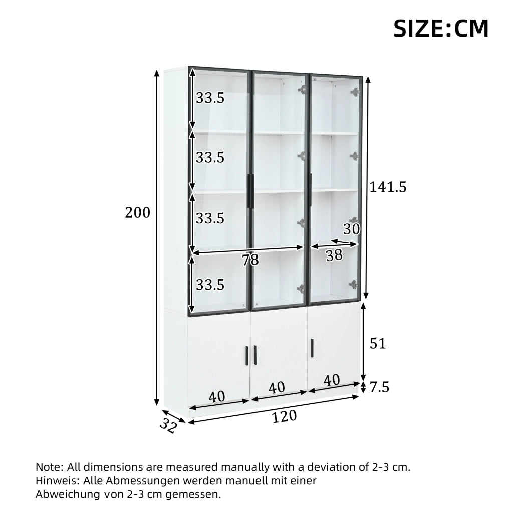 Vetrina con 6 ante in vetro e LED - per soggiorno - 120x32x200 cm - bianco