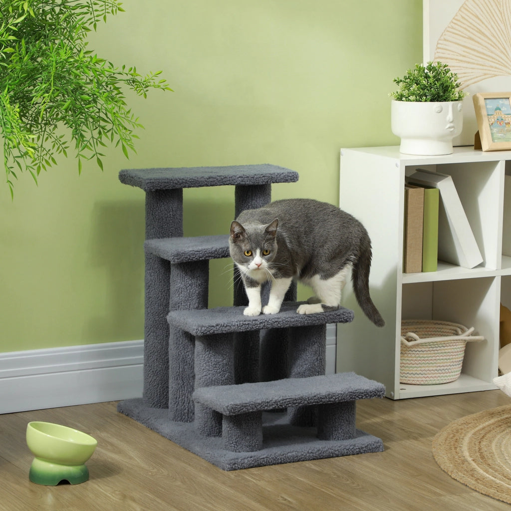 Tiragraffi per gatti a 4 livelli per salire e scendere in truciolato e peluche grigio 63,5 × 43 × 60 cm