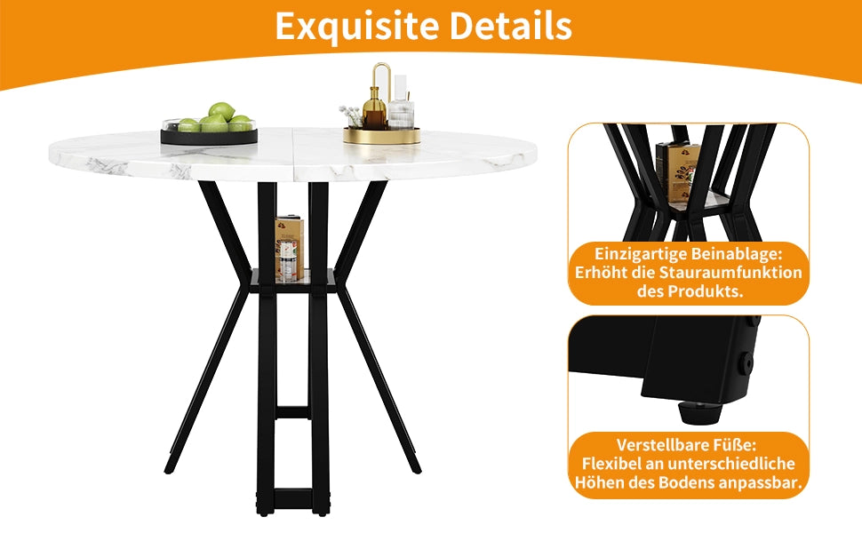 Tavolo da Pranzo Rotondo ¨C MINIMAL ¨C Piano Effetto Marmo MDF, Gambe Nere, 100x100x76 cm