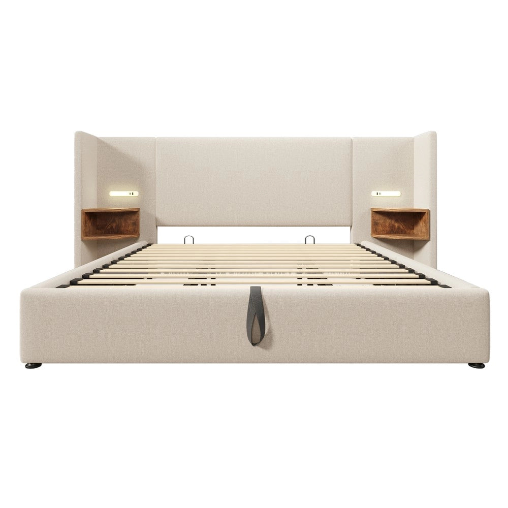 Letto Imbottito Matrimoniale con Comodini, LED e USB ¨C MINIMAL ¨C Contenitore, Rete a Doghe, Beige Lino 180x200