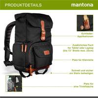 Mantona Luis junior retro Zaino fotografico (con applicazioni in vera pelle, inclusa copertura antipioggia, organizzazione flessibile e scomparto per tablet per 1x fotocamera DSLR, 1-2 obiettivi) nero