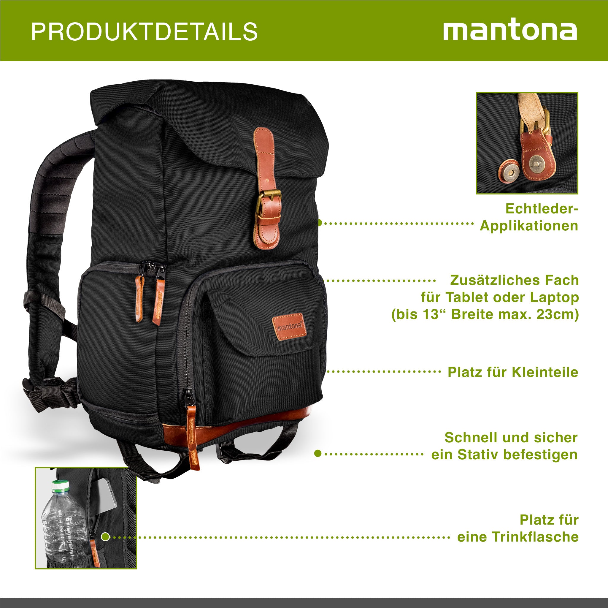 Mantona Luis junior retro Zaino fotografico (con applicazioni in vera pelle, inclusa copertura antipioggia, organizzazione flessibile e scomparto per tablet per 1x fotocamera DSLR, 1-2 obiettivi) nero